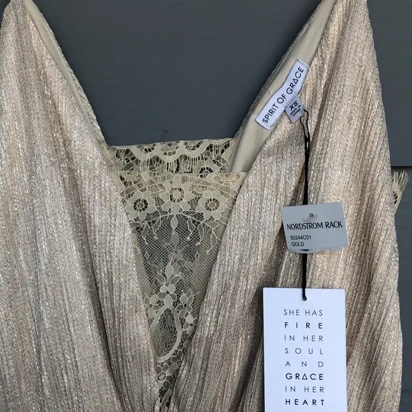 SPIRIT OF GRACE Elegant Gold Cream Women Dress.Shimmer N.W.T. Size XS. Waist Tie - Picture 12 of 13